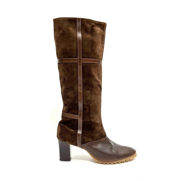 Shoes - Vintage 1970s brown suede leather accent knee high zip up heeled fashion boots